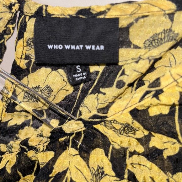 Who What Wear Floral Blouse Top Yellow Black Short‎ Sleeve Smocked Waist Small - Picture 2 of 7